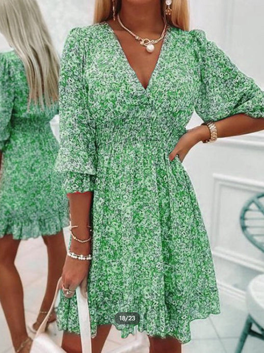 Robe bohème imprimée à manches courtes et motif floral