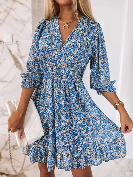 Robe bohème imprimée à manches courtes et motif floral