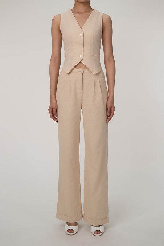Casual - Ensemble pantalon deux pièces en coton plissé à col en V et gilet à jambe large