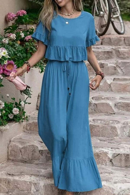 Ensemble deux pièces pour pantalons amples unicolores à manches courtes et jambes larges