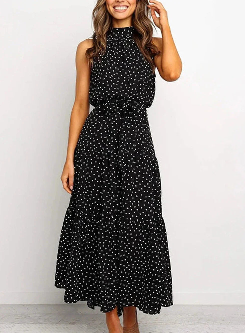 Robe longue imprimée avec nœud à la taille