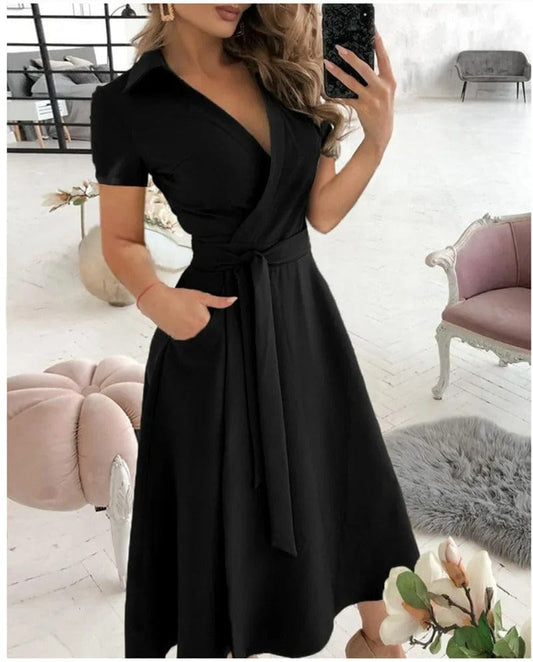 Robe longue avec col à volants décontracté et ceinture