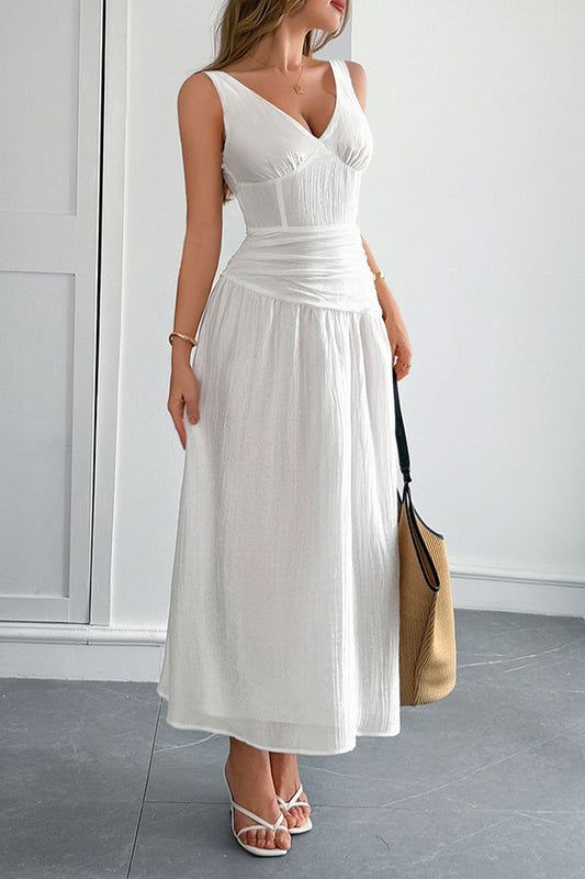 Robe longue sans manches pour femmes avec encolure en V et motif de taille creuse