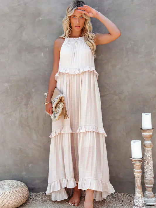 Robe maxi sans bretelles avec volants