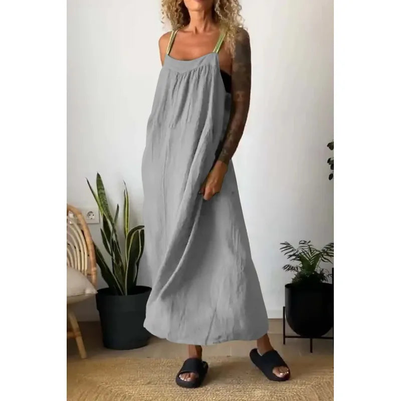 Robe longue en chambray avec poches et bretelles contrastées couleur beau blue