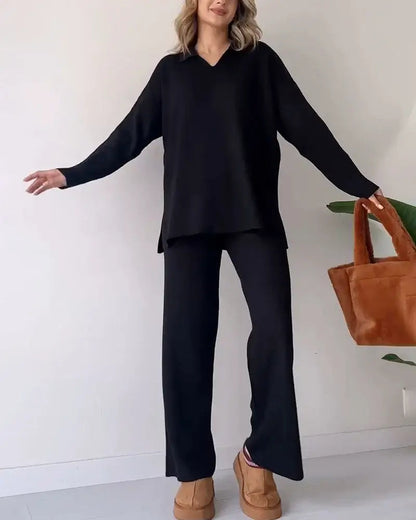 Lea - Ensemble Deux Pièces Tricoté avec Col V pour Femmes