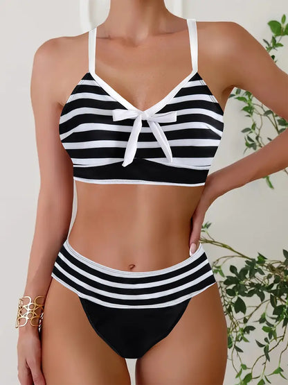 Bikini sexy à col en V avec nœud imprimé rayé