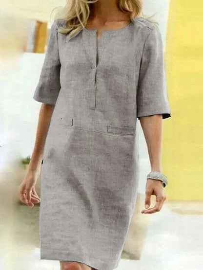 Ronsey - Robe à manches courtes en coton et lin pour femme