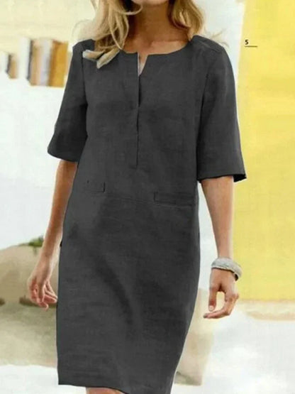 Ronsey - Robe à manches courtes en coton et lin pour femme