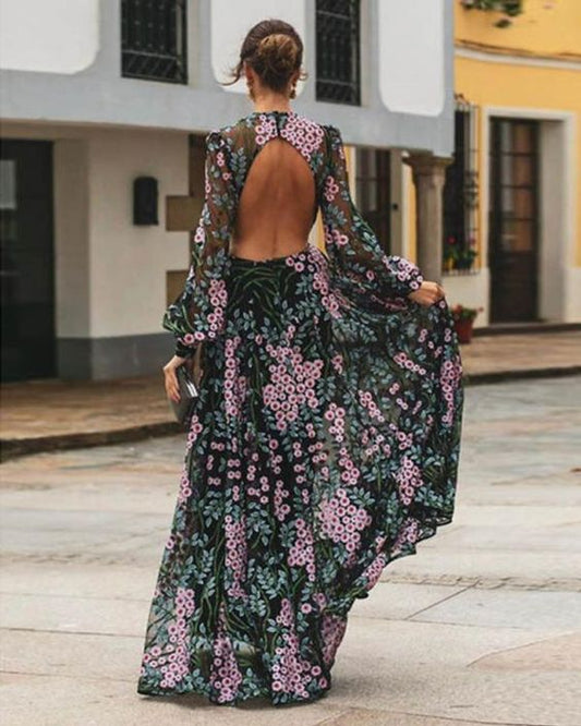 Belinda - Robe longue dos nu à fleurs vintage