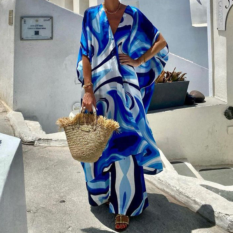 European and American Fashionable Batwing Sleeve Top Trousers with Wide Legs Two-piece Set (Ensemble deux pièces à la mode européenne et américaine avec manches chauve-souris)