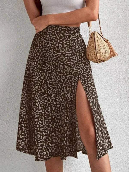 Jupe midi - Imprimé floral - Taille haute, fente élégante, tissu aéré - Parfaite pour les journées d'été