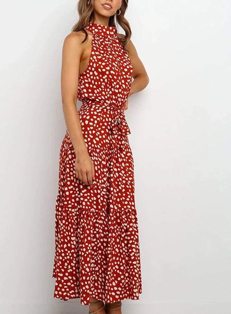 Robe longue imprimée avec nœud à la taille