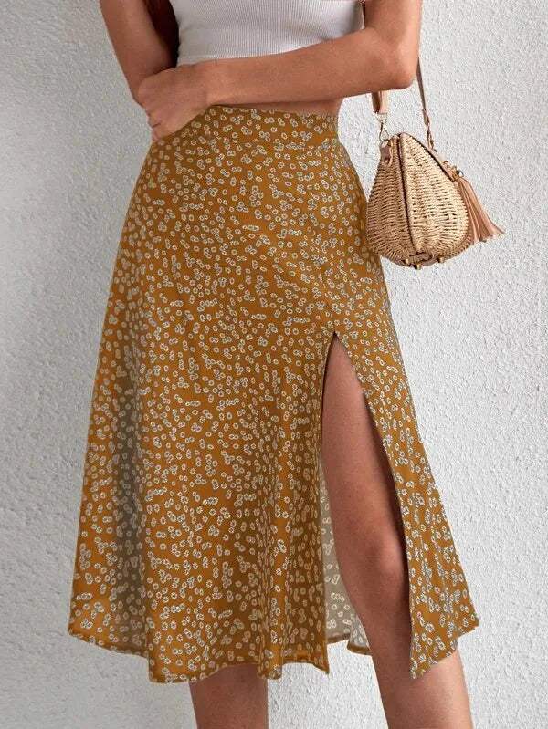 Jupe midi - Imprimé floral - Taille haute, fente élégante, tissu aéré - Parfaite pour les journées d'été