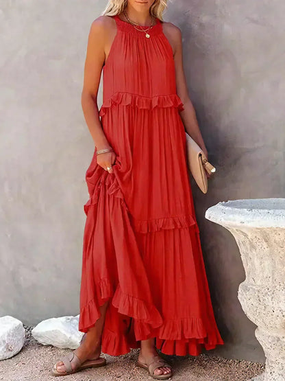 Robe maxi sans bretelles avec volants