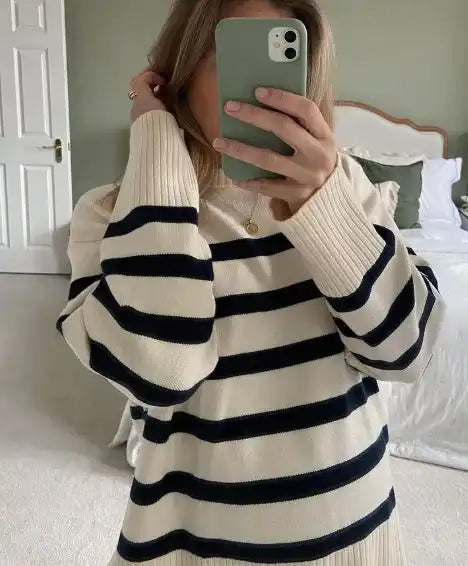 Tina - Pull Automne en Maille Rayée Blanc Noir Élégant pour Femmes