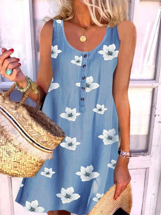 Anisa - Robe décontractée sans manches à col rond et imprimé floral