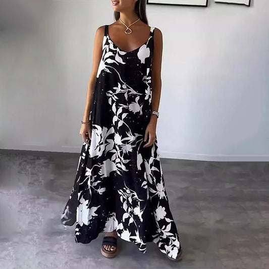 Robe longue sans manches à imprimé floral, idéale pour les journées ensoleillées