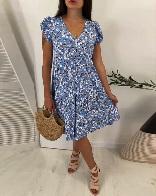 Robe midi sans manches à encolure en V et motif floral