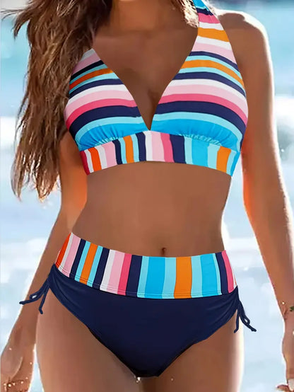 Bikini dos nu avec imprimé rayé coloré et cordon de serrage