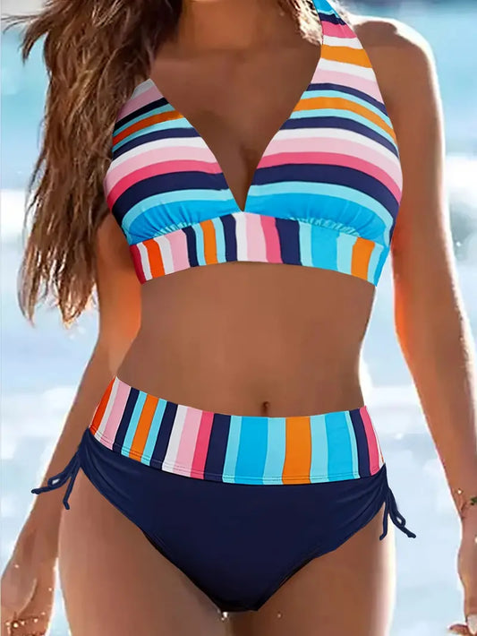 Bikini dos nu avec imprimé rayé coloré et cordon de serrage
