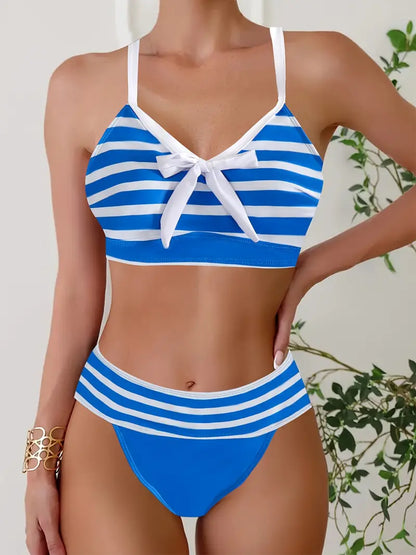 Bikini sexy à col en V avec nœud imprimé rayé