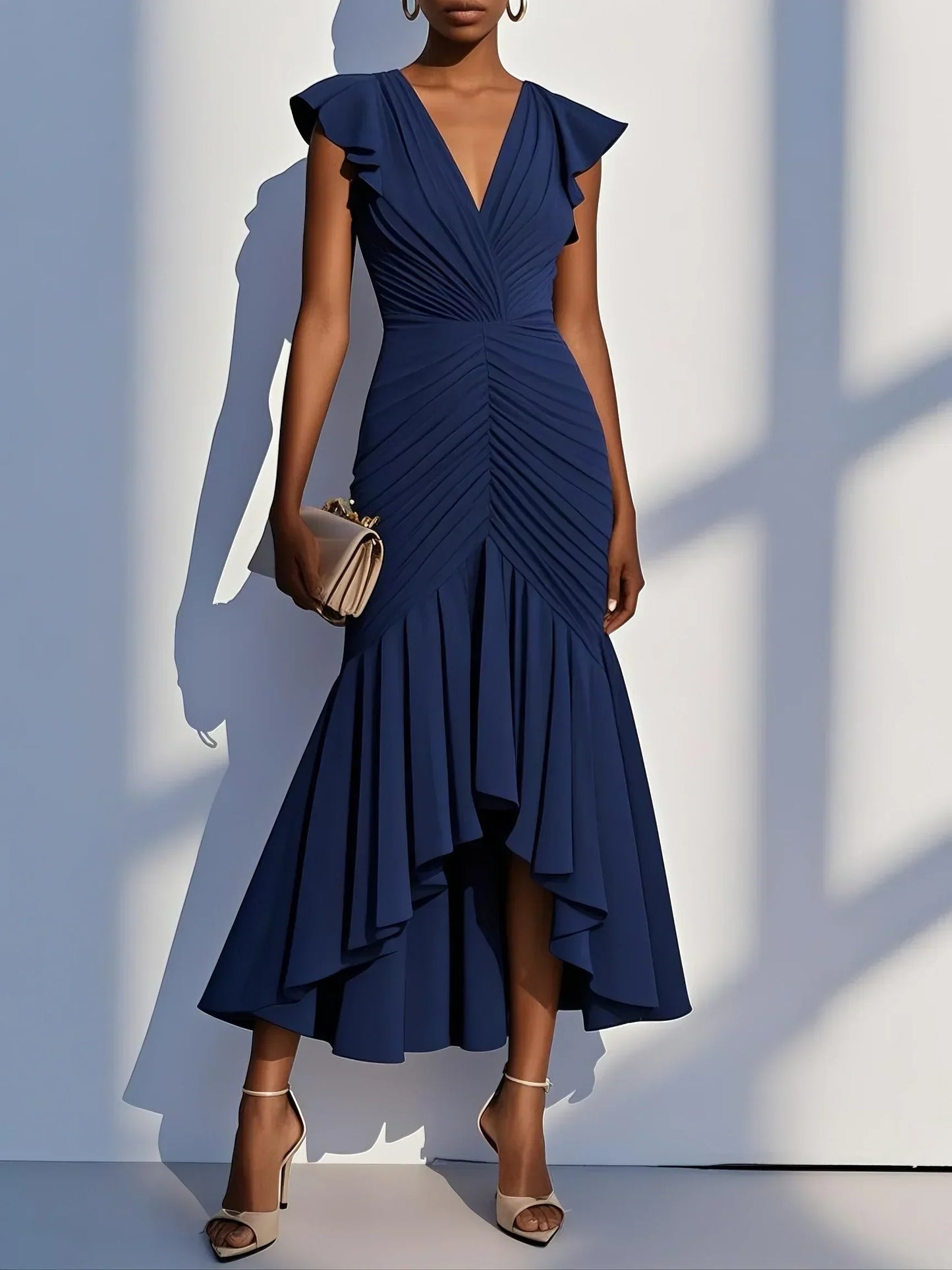 Robe de soirée midi élégante avec encolure à volants et manches courtes