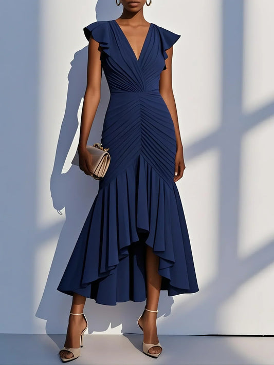 Robe de soirée midi élégante avec encolure à volants et manches courtes