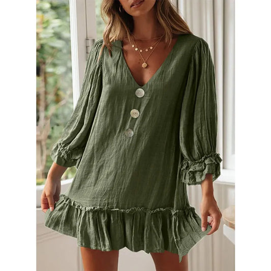 Robe décontractée à manches évasées, encolure en V et franges