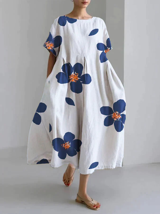 Julie - Robe ample et décontractée à col rond et à fleurs pour femmes au printemps et en été