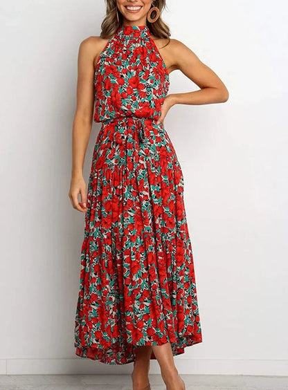 Robe longue imprimée avec nœud à la taille