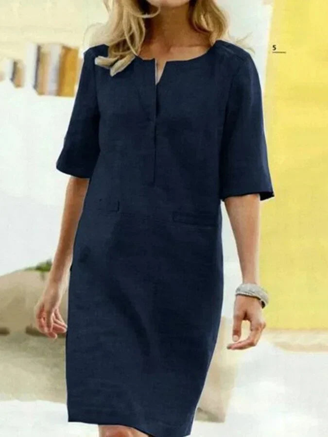 Ronsey - Robe à manches courtes en coton et lin pour femme
