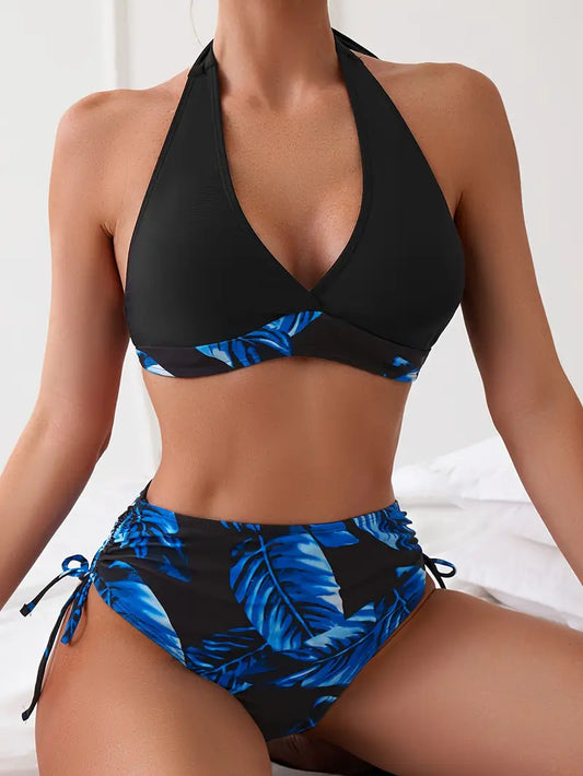 Bikini élégant à dos nu avec imprimé de feuilles tropicales