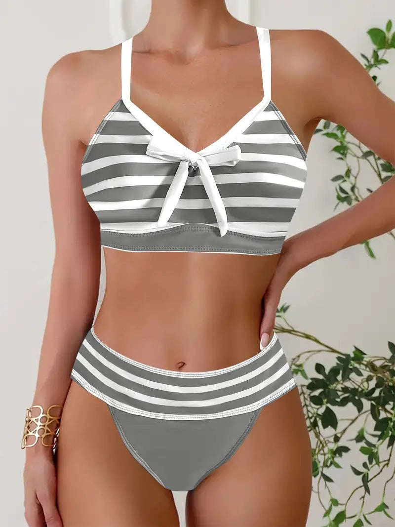Bikini sexy à col en V avec nœud imprimé rayé