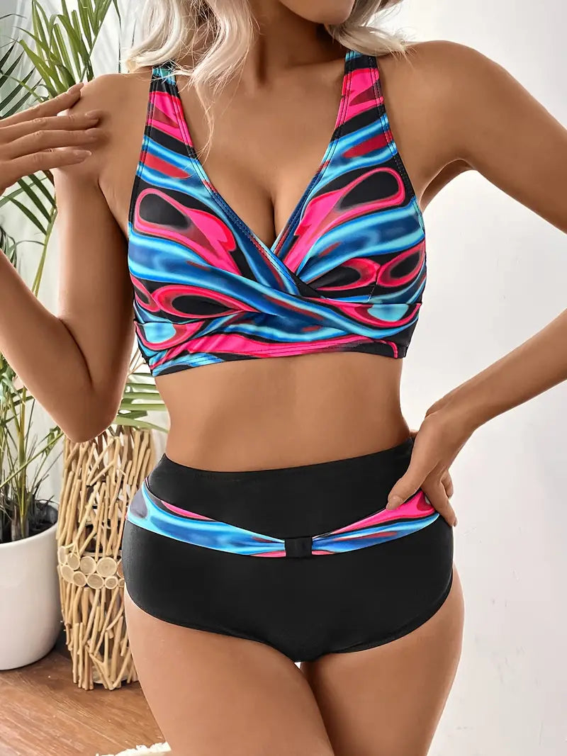 Bikini chic et à la mode avec imprimé aléatoire et décolleté en V