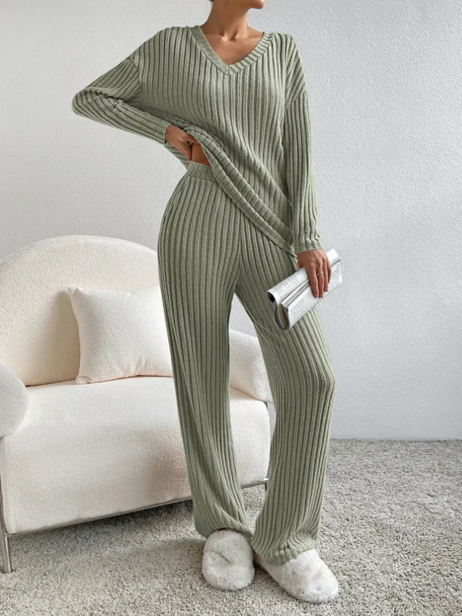 Eva - Ensemble Lounge à Col V Côtelé Chic et Stylé d'Automne pour Femmes
