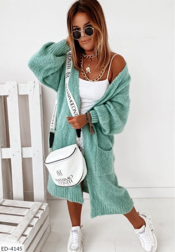 Leah - Gilet Long Tricoté avec Poches pour Femmes