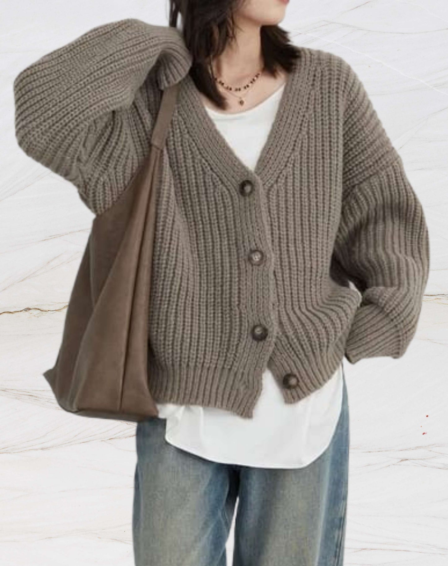 Heart - Pull Tricoté Oversize avec Col V et Fermeture à Boutons pour l'Hiver pour Femmes