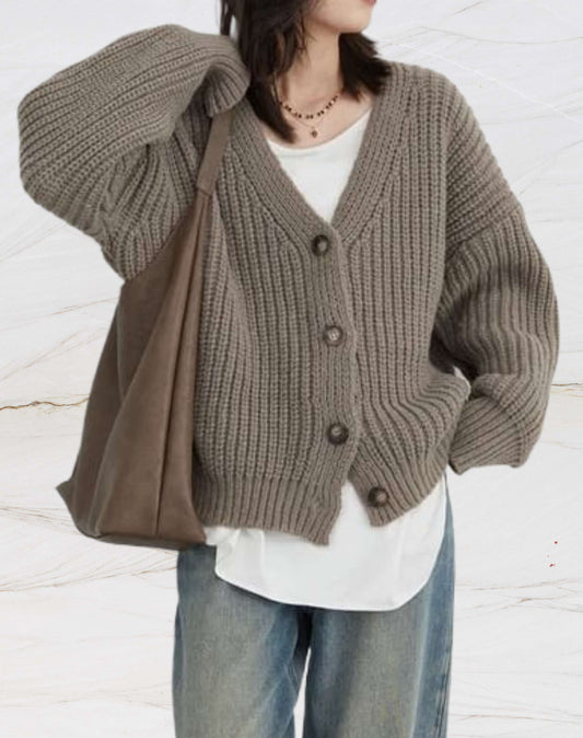 Heart - Pull Tricoté Oversize avec Col V et Fermeture à Boutons pour l'Hiver pour Femmes