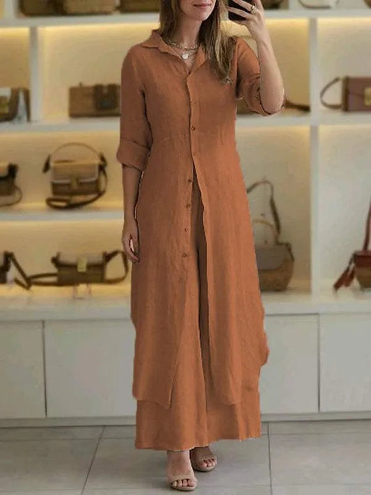 Ensemble long avec chemise maxi boutonnée à manches longues et pantalon fluide