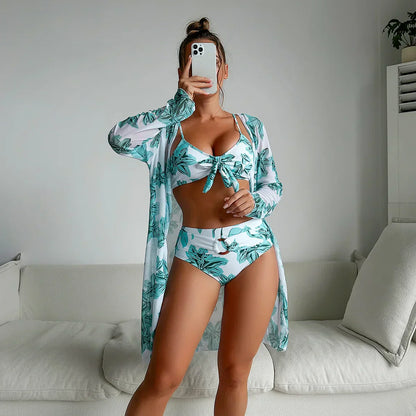 Bikini d'été élégant à taille haute et à motif floral