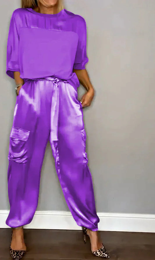 Ensemble deux pièces avec top et pantalon en satin unicolore pour femmes