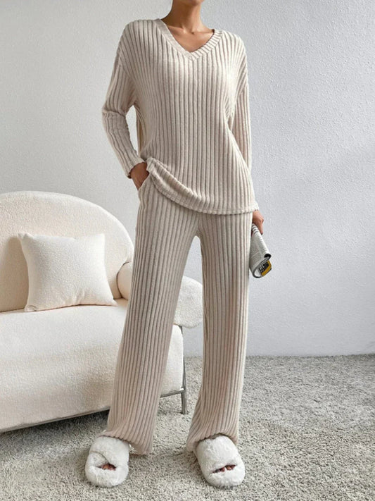 Eva - Ensemble Lounge à Col V Côtelé Chic et Stylé d'Automne pour Femmes