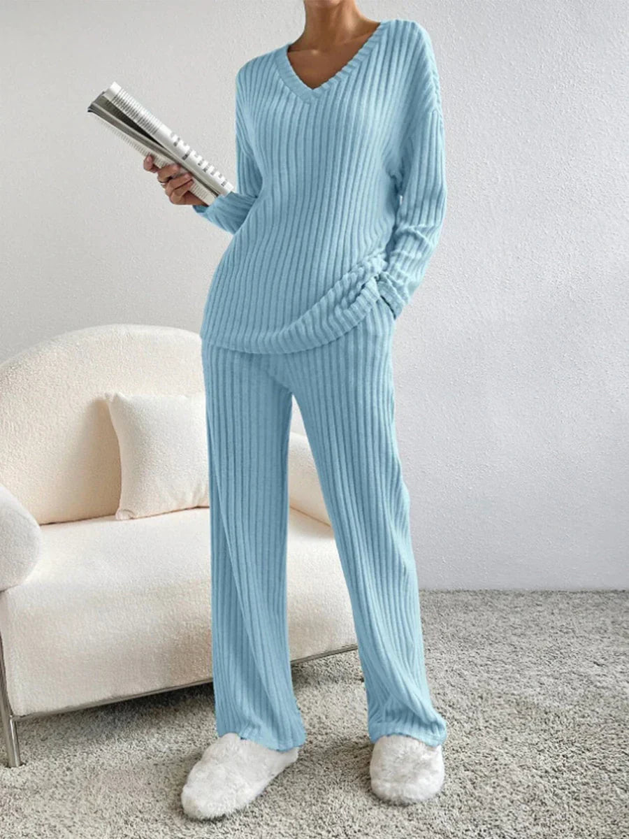 Eva - Ensemble Lounge à Col V Côtelé Chic et Stylé d'Automne pour Femmes
