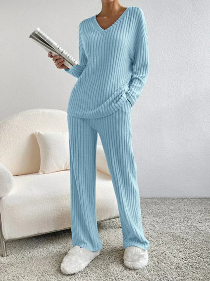 Eva - Ensemble Lounge à Col V Côtelé Chic et Stylé d'Automne pour Femmes
