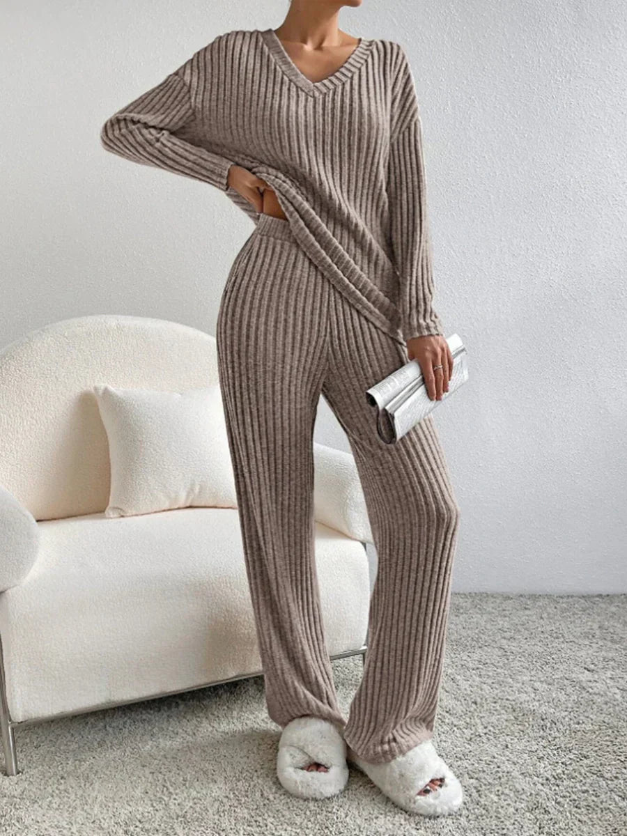 Eva - Ensemble Lounge à Col V Côtelé Chic et Stylé d'Automne pour Femmes