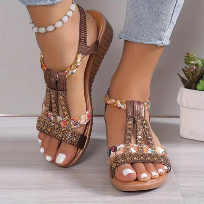 Kandace Sandals - Sandales à semelles compensées Boho avec lanières tressées et strass