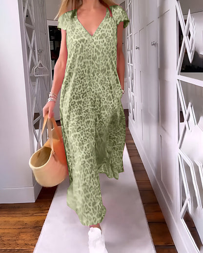 Robe longue à encolure en V et manches courtes
