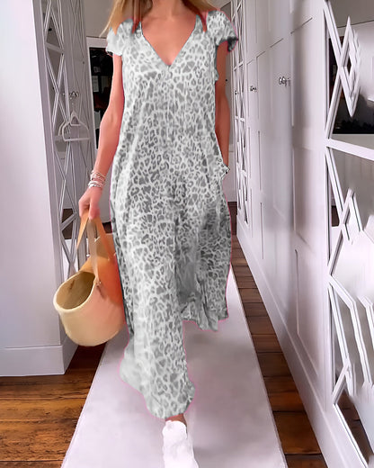 Robe longue à encolure en V et manches courtes