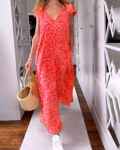 Robe longue à encolure en V et manches courtes